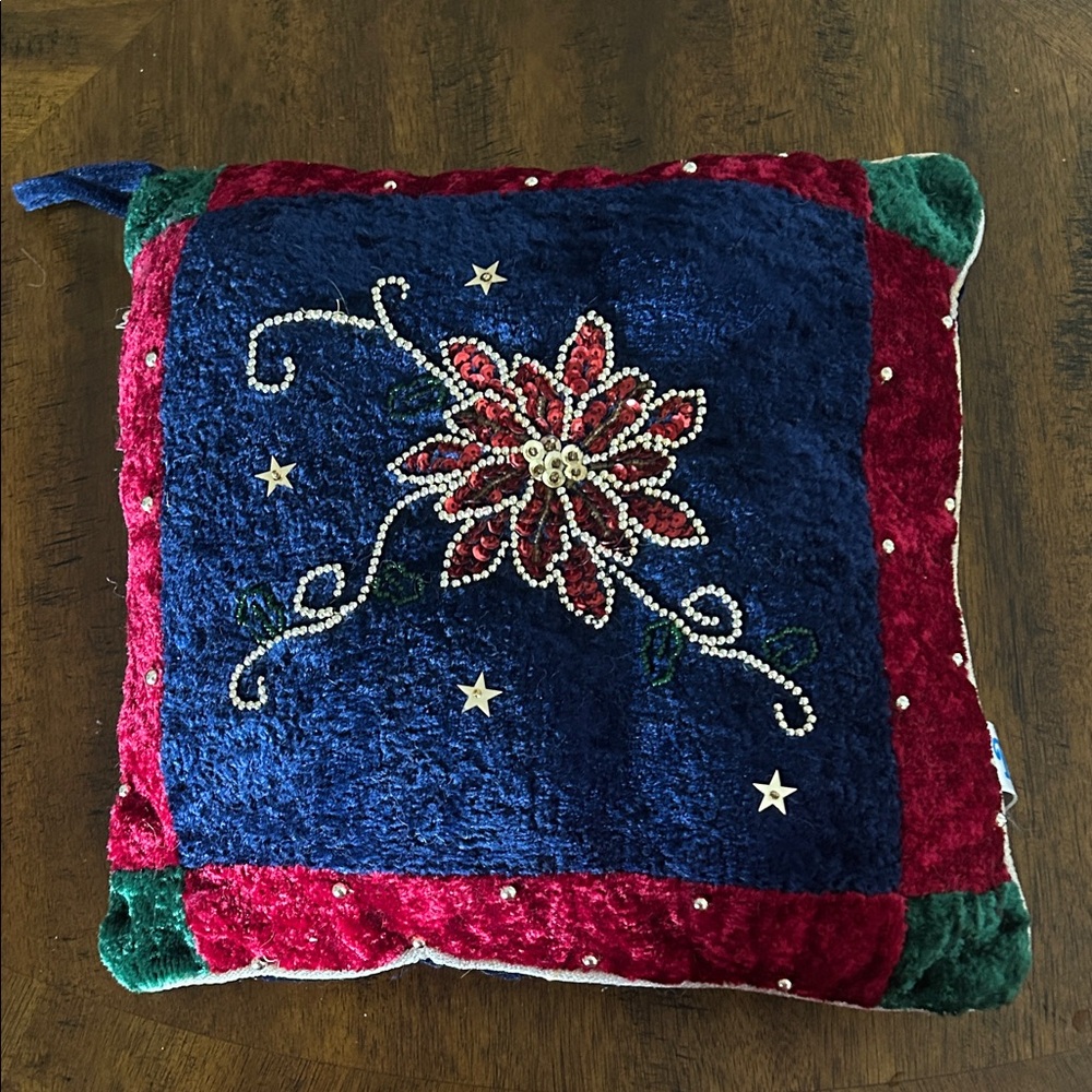 Festive Velvet Pillow with Embroidered Floral Design